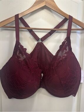 Auden Push Up Plunge Lace Bra 46DDD Burgundy Underwire Padded Front Close Full
